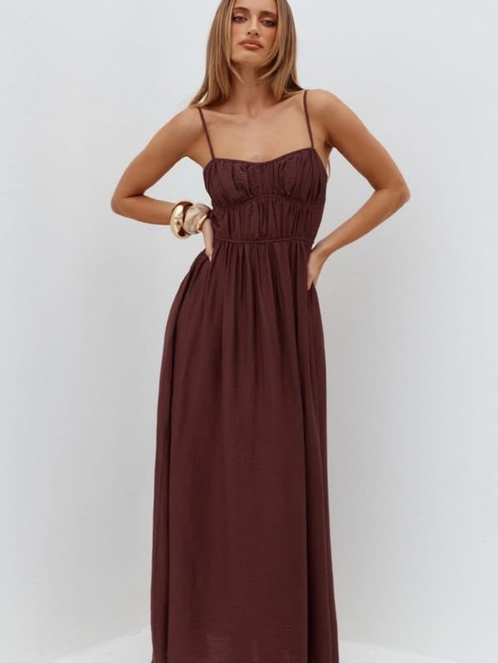 Auteur Shirred Dress In Chocolate Brown